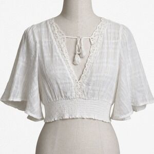 Timing White Cotton Crochet Lace Smocked Crop Top Flutter Sleeve Boho Medium